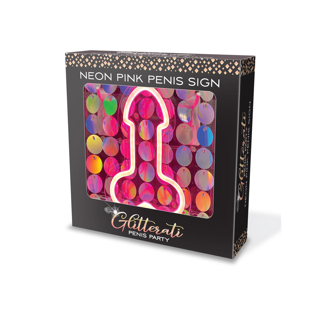 Glitterati Neon  Penis Sign - Novelty Neon Light in bright pink packaging with colorful sequin background.