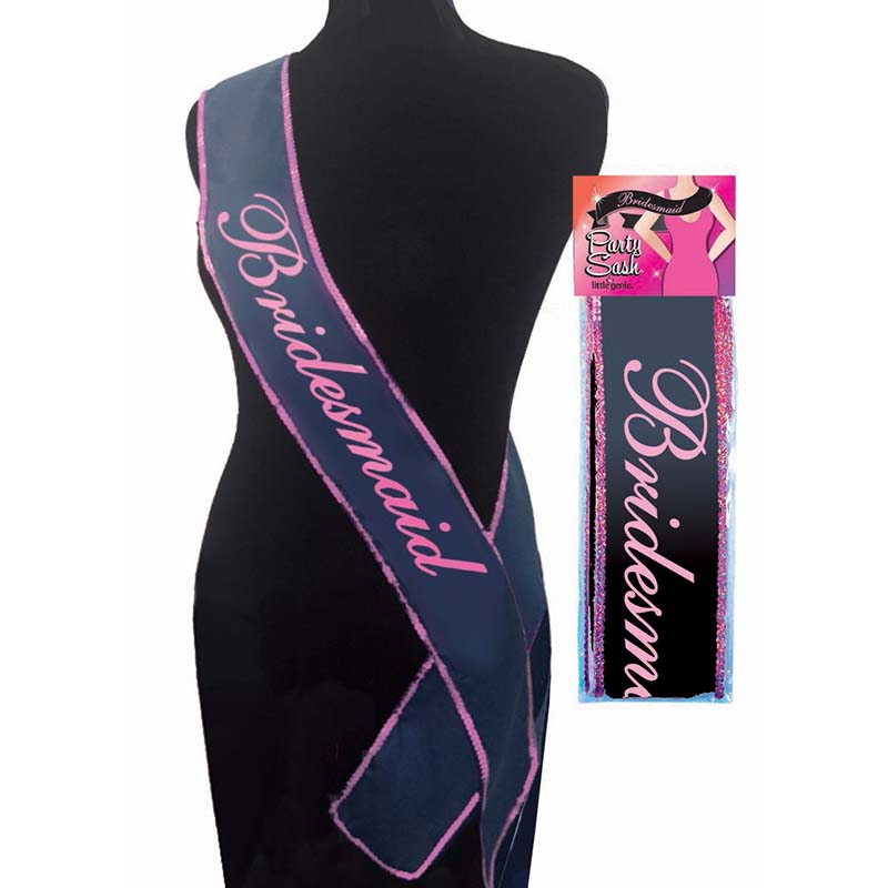The Bride's Maid Sash - White Hens Party Sash displayed on a mannequin with pink lettering.