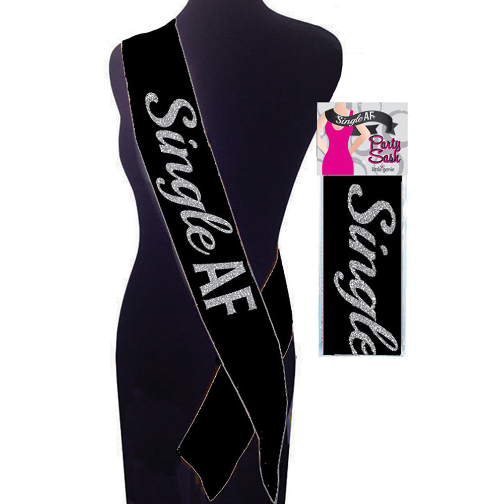 Single AF Sash - Party Sash displayed on a mannequin for celebrating singlehood and fun parties.