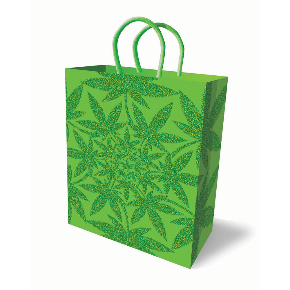Glitter Ganja Gift Bag - Novelty Gift Bag with vibrant green leaf design and sturdy woven handles.