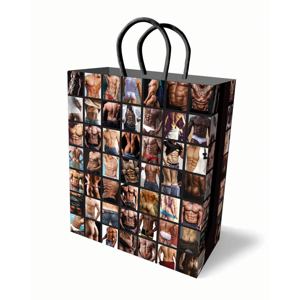 Sexy Guys Gift Bag - Novelty Gift Bag featuring a collage of muscular male abs and physiques.