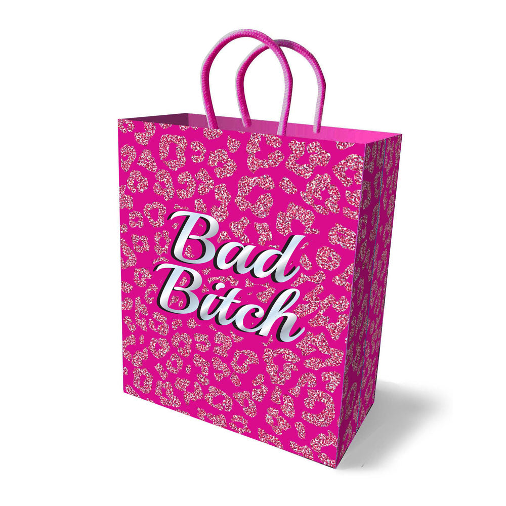 Bad Bitch Gift Bag - Novelty Gift Bag in vibrant pink with leopard print and elegant handles.