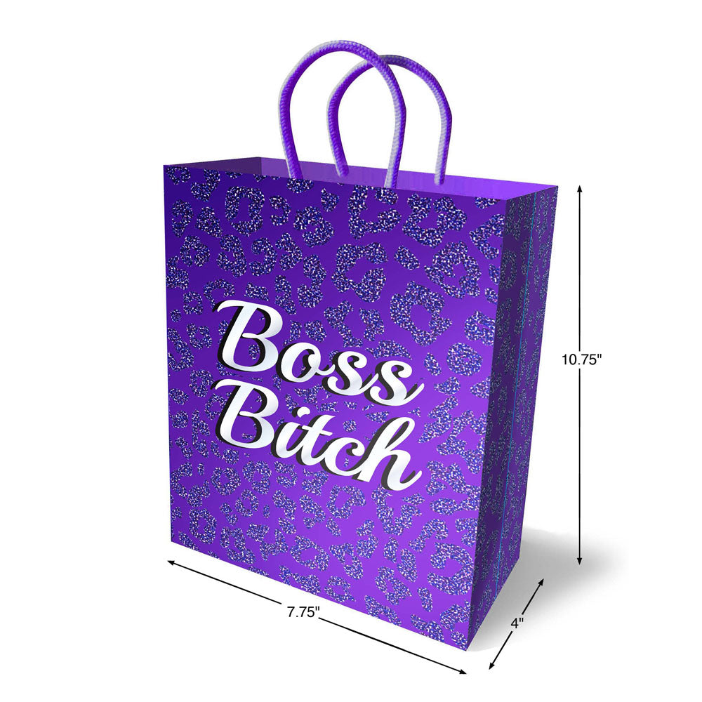 Boss Bitch Gift Bag - Novelty Gift Bag in purple with leopard print design and measurements, perfect for special gifts.