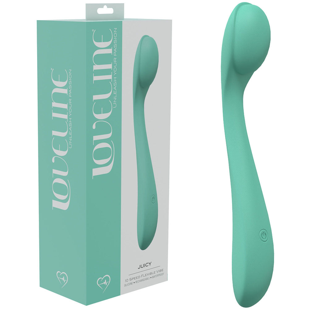 LOVELINE Juicy -  -  21.5 cm USB Rechargeable Vibrator in mint green packaging and vibrator design.