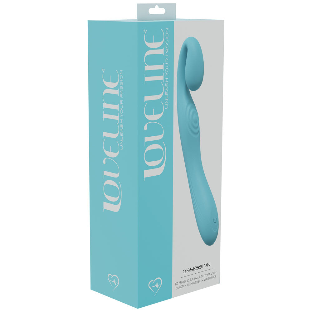 LOVELINE Obsession -  -  18.4 cm USB Rechargeable Vibrator packaging in blue design with product features highlighted.