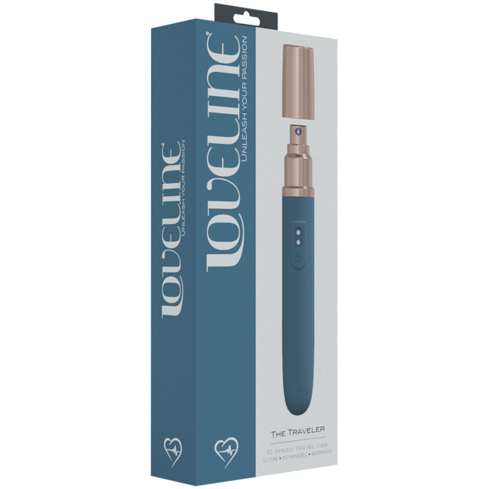 LOVELINE The Traveler -  -  17.6 cm USB Rechargeable Vibrator with Lube Applicator packaging display.