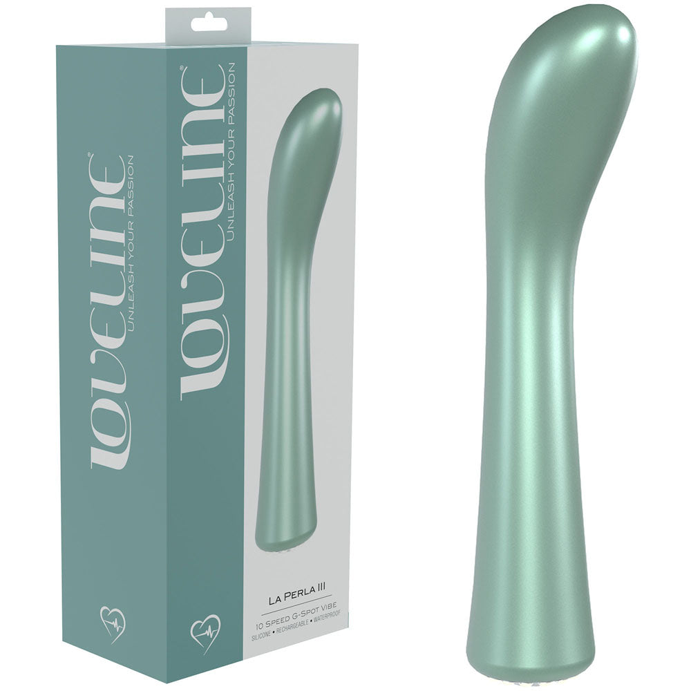 LOVELINE La Perla III pearlescent 19.2 cm USB rechargeable clitoral vibrator with elegant design and packaging.