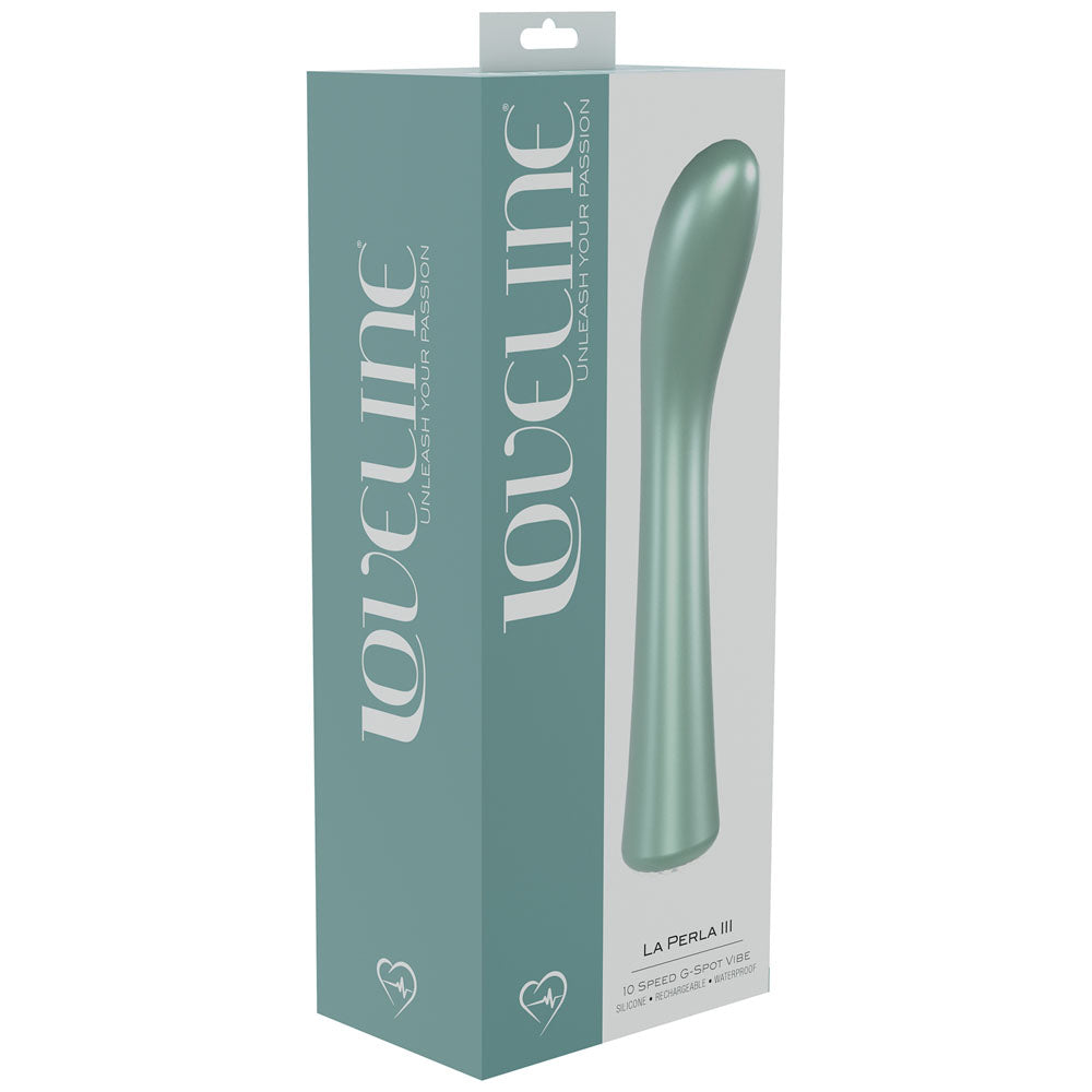 LOVELINE La Perla III USB rechargeable clitoral vibrator packaging design on display.
