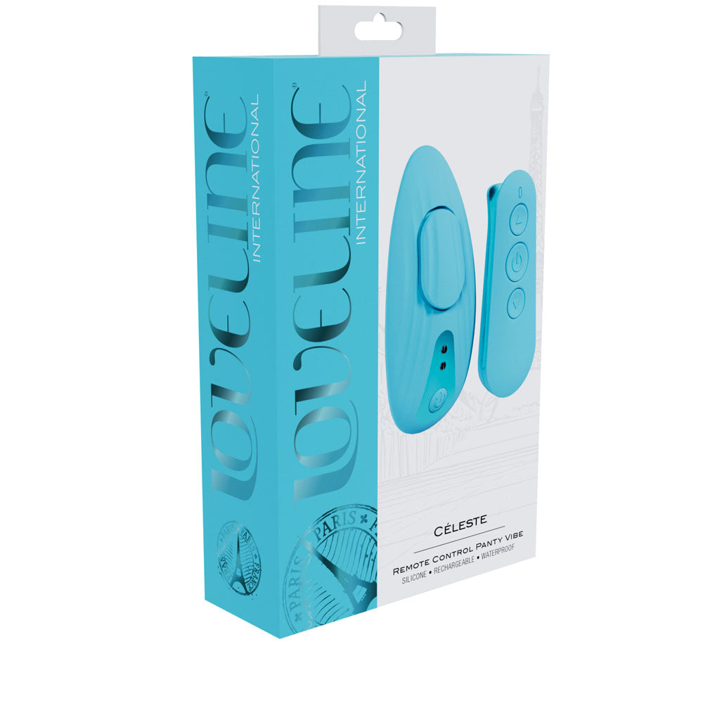 LOVELINE Celeste -  -  USB Rechargeable Panty Vibrator with Wireless Remote packaging featuring vibrant blue design.