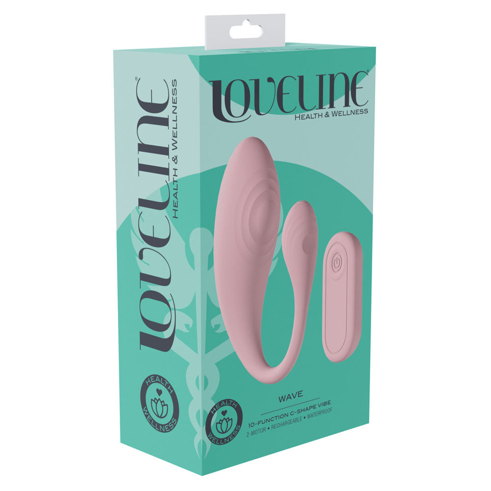 LOVELINE Wave -  USB Rechargeable C-Shaped Vibrator with Remote packaging showing design and features.