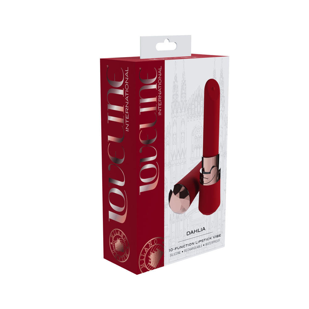 LOVELINE Dahlia -  -  12.5 cm USB Rechargeable Lipstick Vibrator packaging showcasing its sleek design and features.