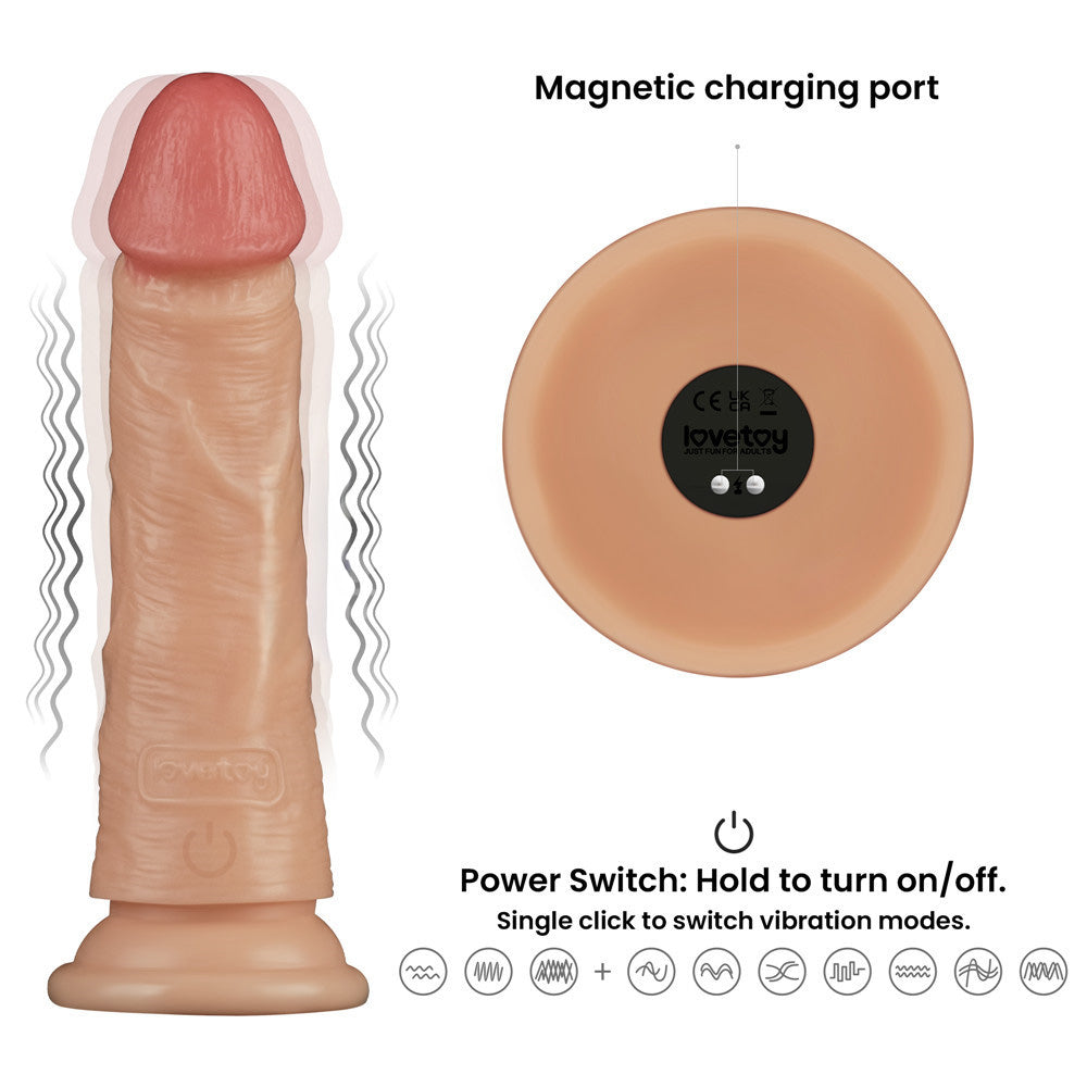 7 Inch Power Basics - 18 cm USB Rechargeable Vibrating Dong with magnetic charging port and power switch features.