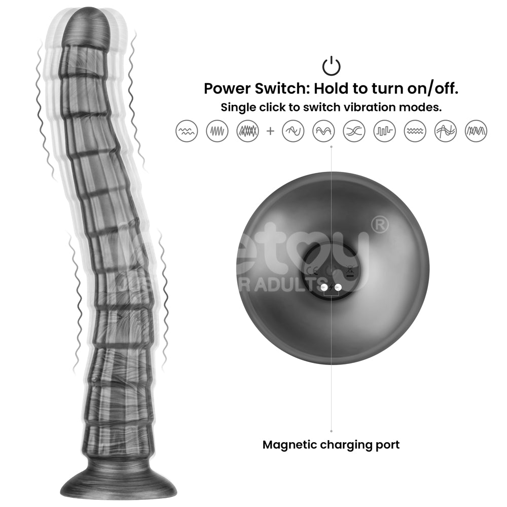 King Sized Vibrating Vibrax Slider - Grey 36.8 cm (14.5'') USB Rechargeable Vibrating Dildo with power switch and charging port.