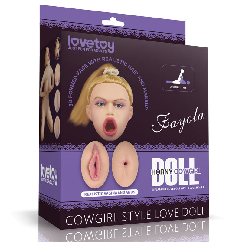Fayola Horny Cowgirl Doll - Inflatable Love Doll packaging featuring realistic features and cowgirl style.