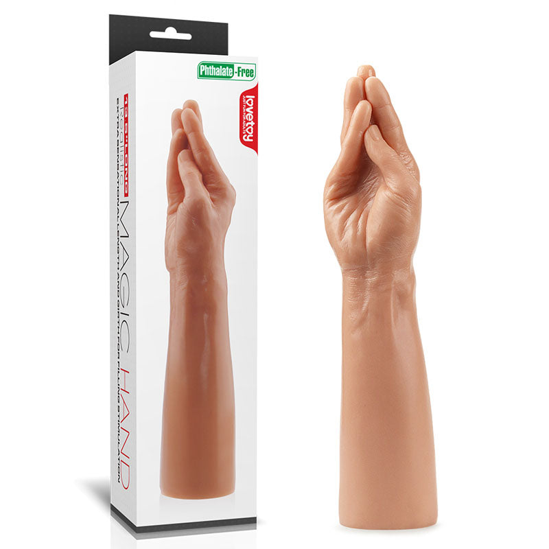 King Sized 13.5'' Realistic Magic Hand - 36 cm Hand Dildo in packaging showcasing realistic design and phthalate-free material.