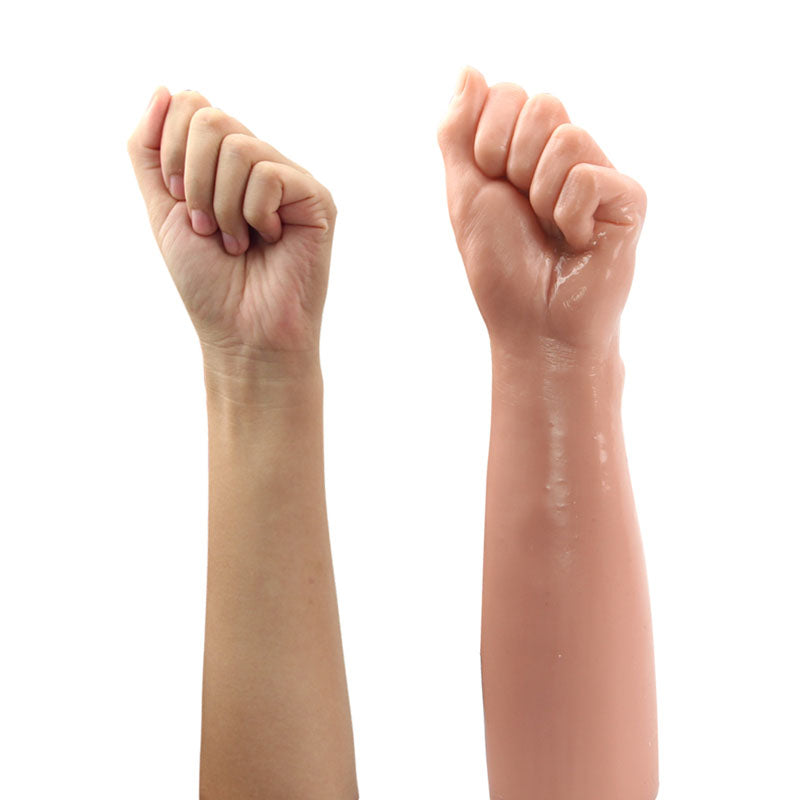 King Sized 12'' Realistic Bitch Fist - 30.5 cm Fist Dildo displayed next to a human hand for size comparison.