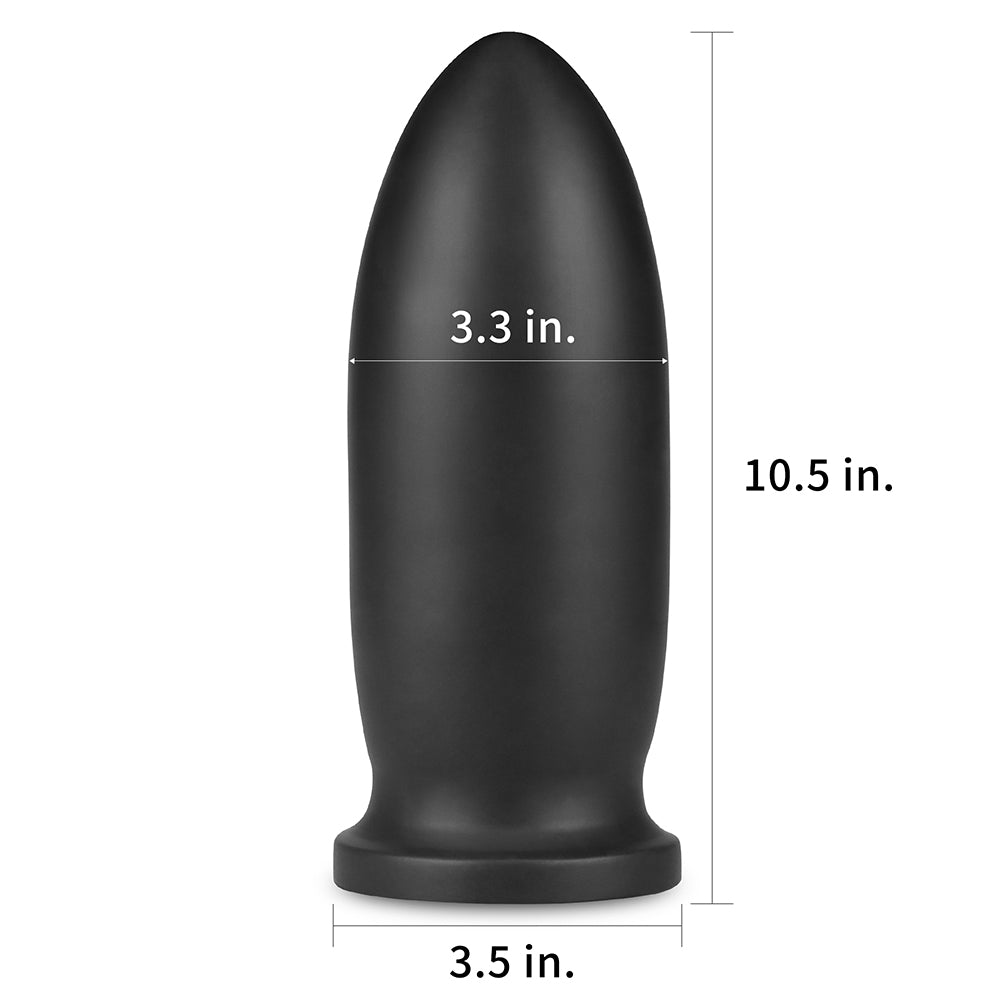 King Sized Anal Bomber -  23 cm (9'') Mega Anal Plug dimensions showing height 10.5 in and diameter 3.5 in.