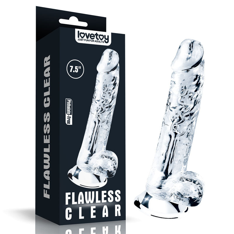 Flawless Dildo 7.5'' - 19 cm Dong in packaging, featuring a clear, transparent design for intimate essentials.