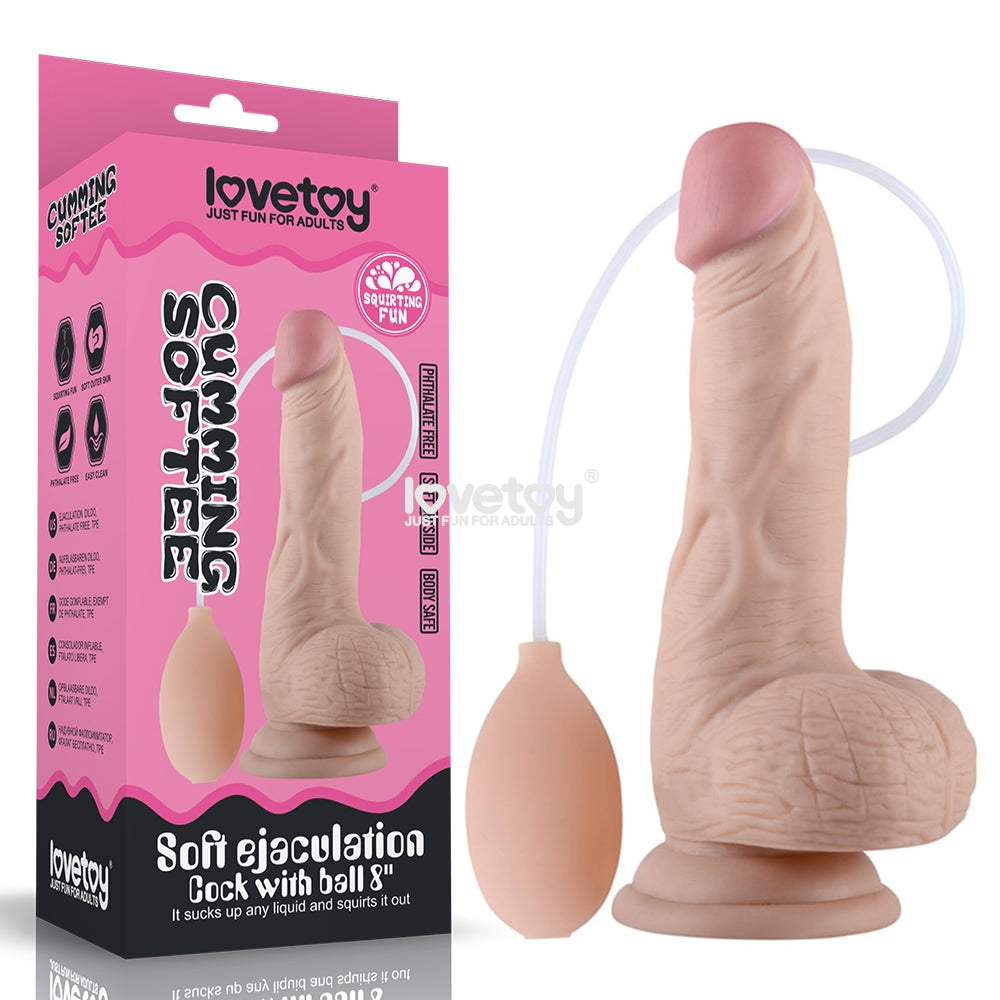 Cumming Softee Soft Ejaculation Cock 8'' with Balls - squirting dildo with realistic design for exciting play.