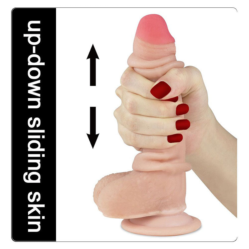 Sliding Skin Dual Layer Dong -  17.8 cm (7'') Dong with Flexible Skin being demonstrated in hand with up-down sliding skin.