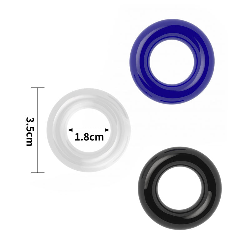 Power Plus Triple Donut Ring Set -  Cock Rings - Set of 3 in blue, white, and black with dimensions.