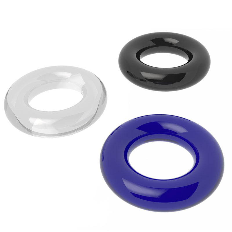 Power Plus Triple Donut Ring Set -  Cock Rings - Set of 3 in black, blue, and clear TPE material.