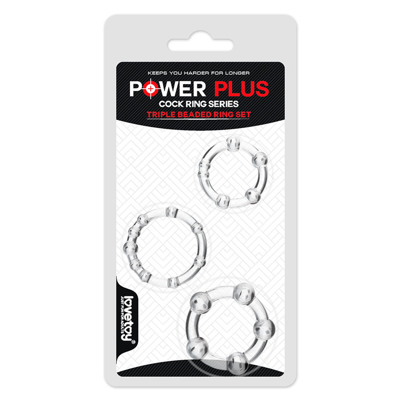 Power Plus Triple Beaded Ring Set -  Cock Rings - Set of 3 in clear packaging, featuring three unique cock rings.