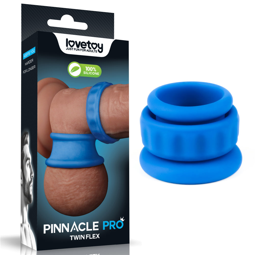Pinnacle Pro Twin Flex - Cock & Balls Rings in blue silicone showcasing ergonomic design for enhanced pleasure.