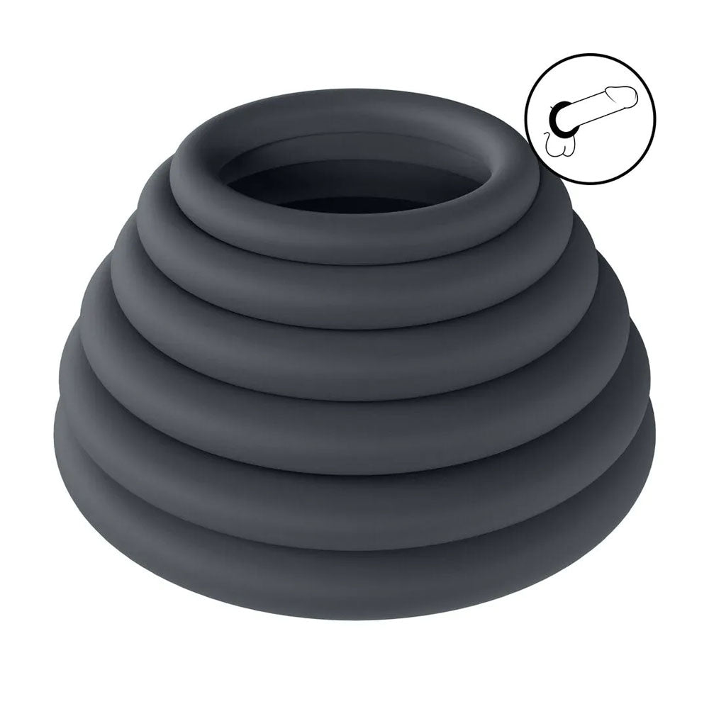 LEVELZ Classic Silicone Cock Ring Set of 6 displaying black silicone rings in different sizes for customizable comfort and fit.