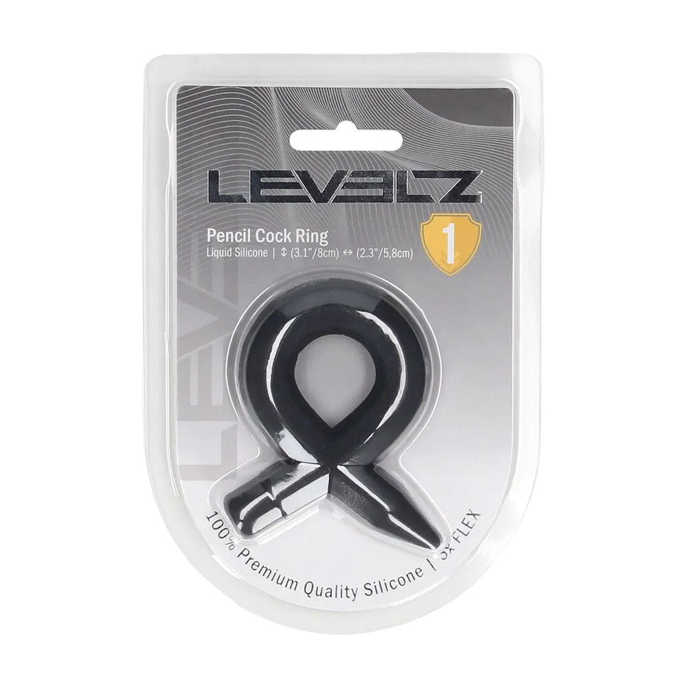 LEVELZ Pencil Liquid Silicone Cock Ring -  Cock Ring packaging featuring black silicone design and size details.