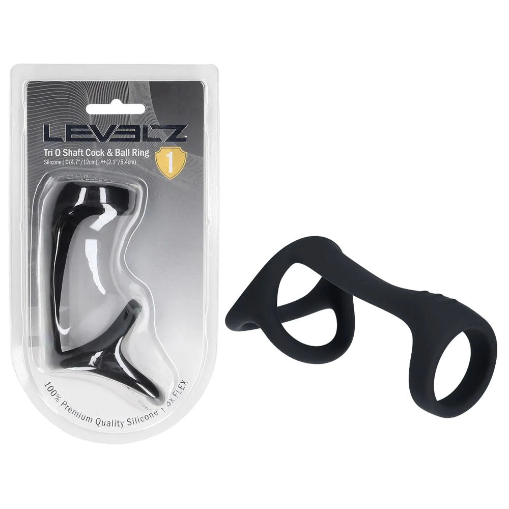 LEVELZ Tri O Silicone Shaft Cock & Ball Ring - Cock & Balls Ring in packaging and product display