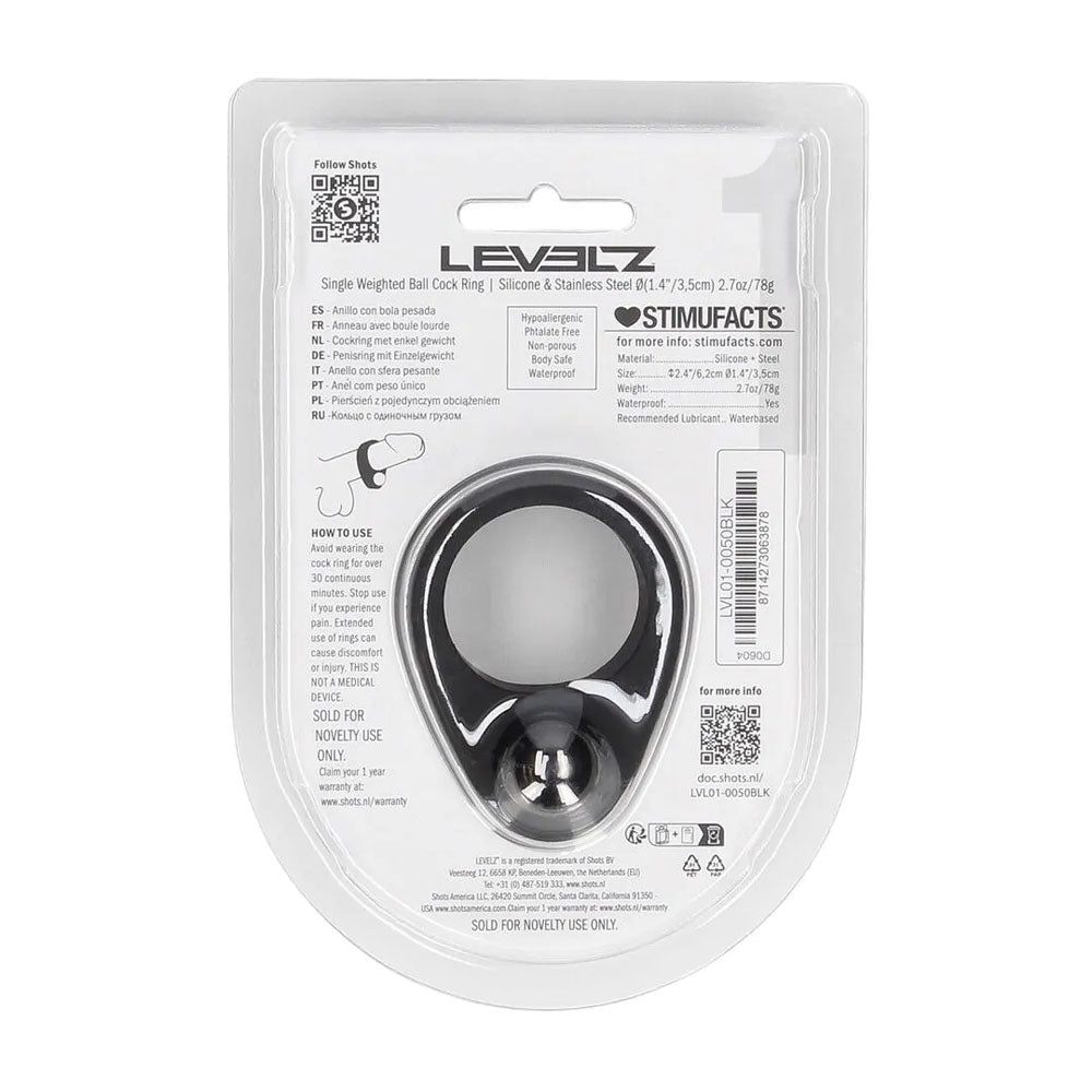 LEVELZ Single Weighted Ball Cock Ring -  -  Weighted Cock Ring packaging showing premium silicone design and internal weight.