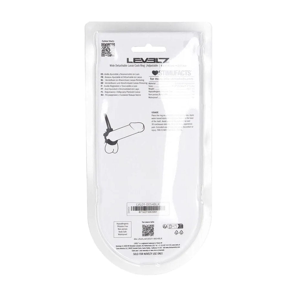 LEVELZ Wide Detachable Lasso Cock Ring -  -  Adjustable Cock Ring packaging with product details on the back.
