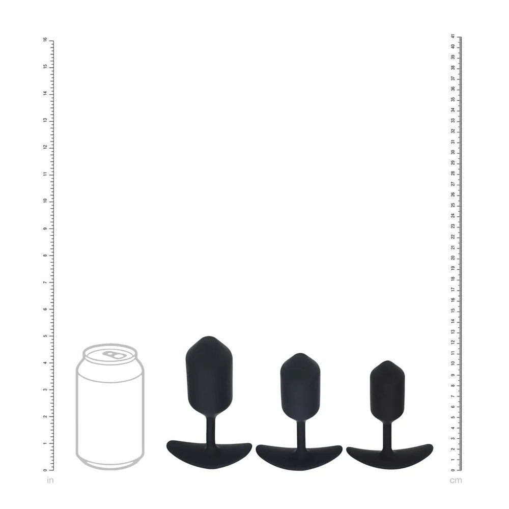 LEVELZ Silicone Weighted Anal Plug Training Set -  Weighted Butt Plugs - Set of 3 Sizes displayed with measurement comparison to a can