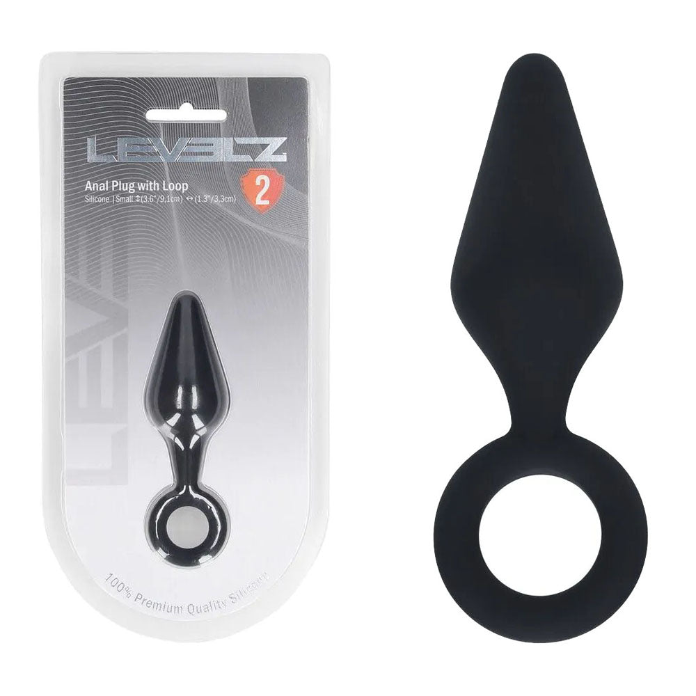 LEVELZ Silicone Anal Plug with Loop - Small -  -  Small Butt Plug showcased in packaging with sleek design and loop handle.