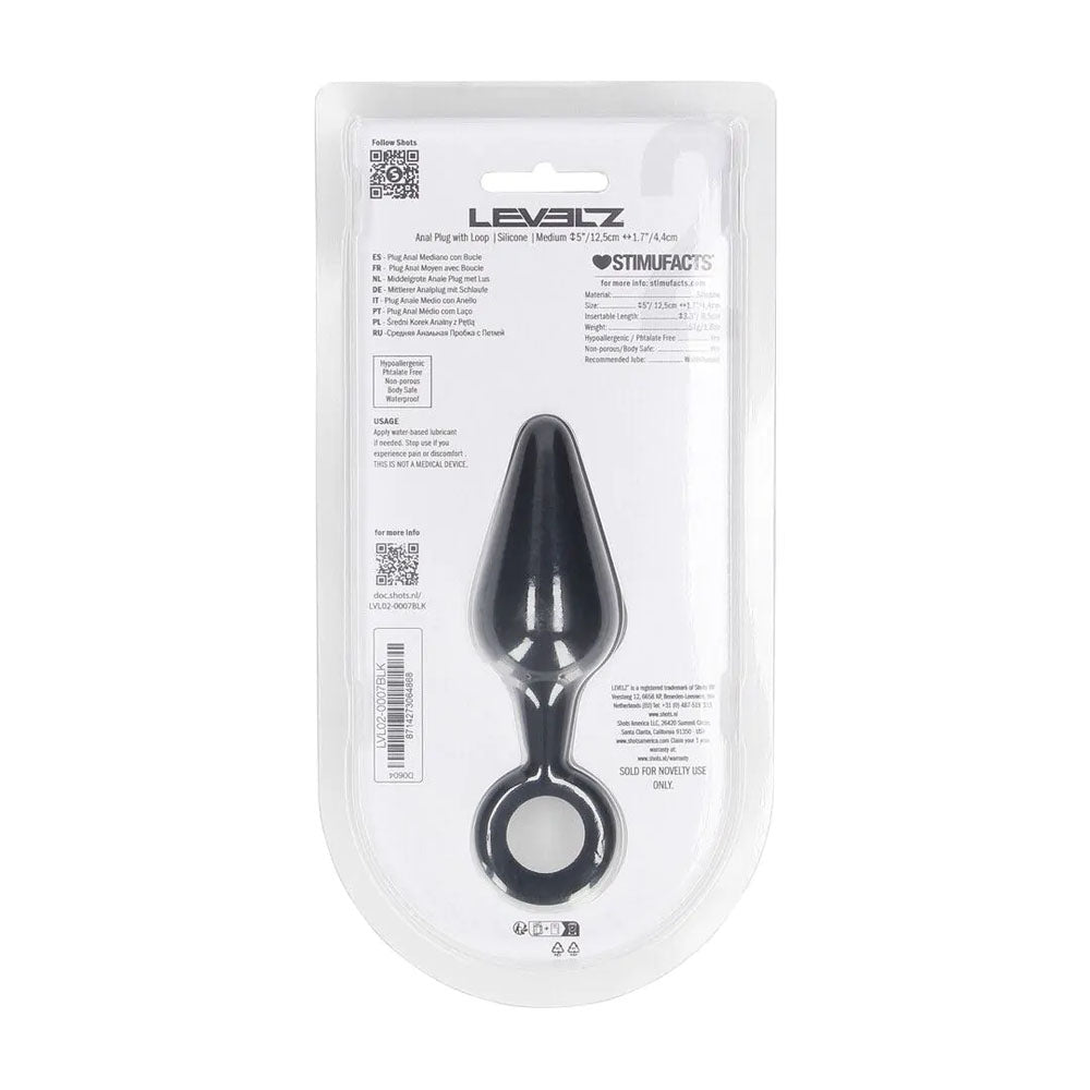 LEVELZ Silicone Anal Plug with Loop - Medium - - Medium Butt Plug packaging showing design and features.