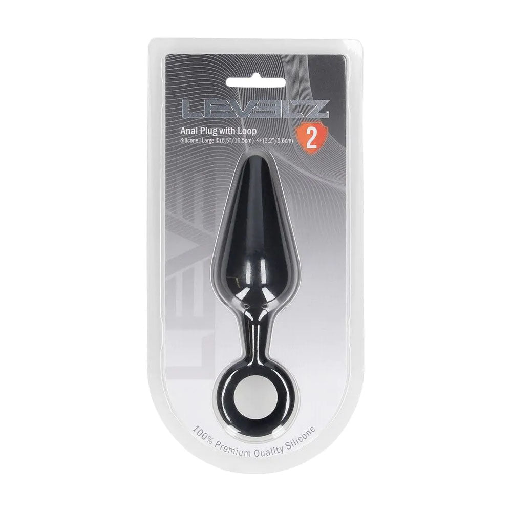 LEVELZ Silicone Anal Plug with Loop - Large -  Large Butt Plug in packaging, featuring a tapered design and loop handle.