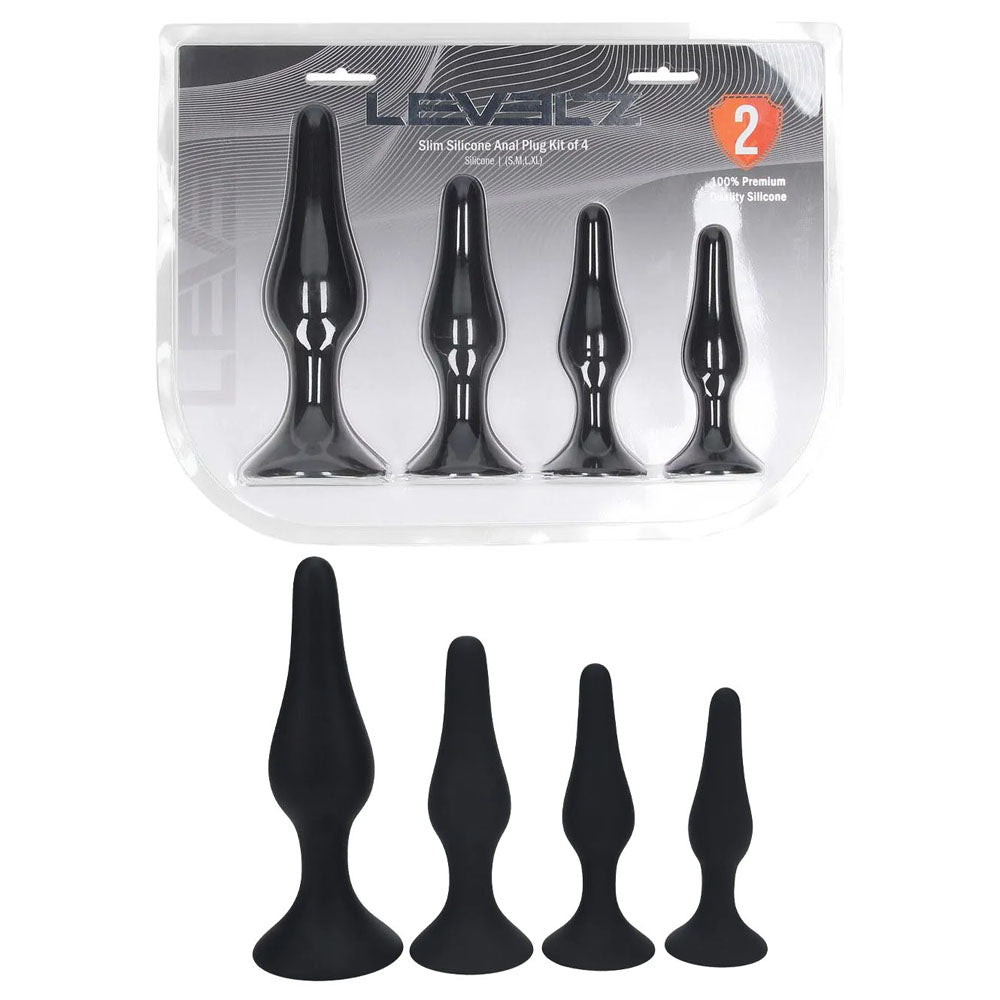 LEVELZ Slim Silicone Anal Plug Kit of 4 -  Butt Plugs - Set of 4 Sizes in black silicone packaging.