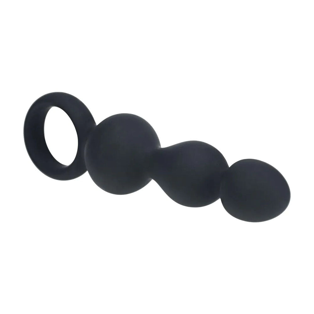 LEVELZ beaded silicone anal probe with loop, smooth silicone anal plug with rounded beads, 15.3 cm long.