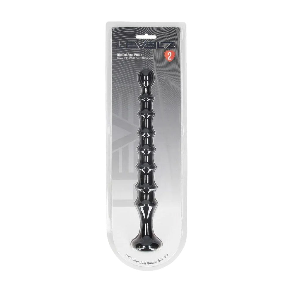 LEVELZ Ribbed Silicone Flared Anal Probe - 26.7 cm Anal Beads packaging highlighting textured pleasure and premium silicone material.