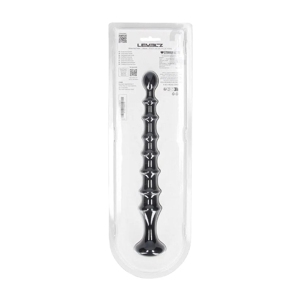 LEVELZ Ribbed Silicone Flared Anal Probe - 26.7 cm Anal Beads in packaging for textured pleasure.