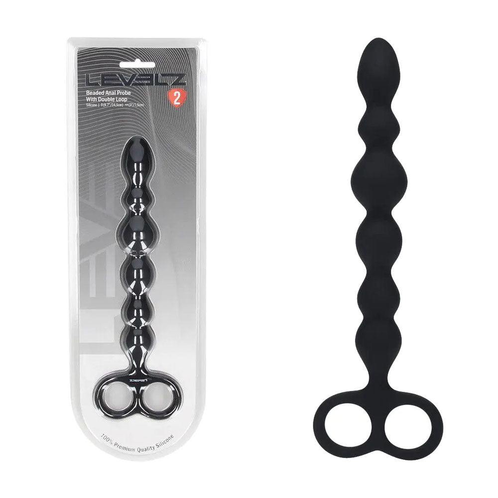 LEVELZ Beaded Silicone Anal Probe with Double Loop packaging and product design, featuring smooth beads and secure base.