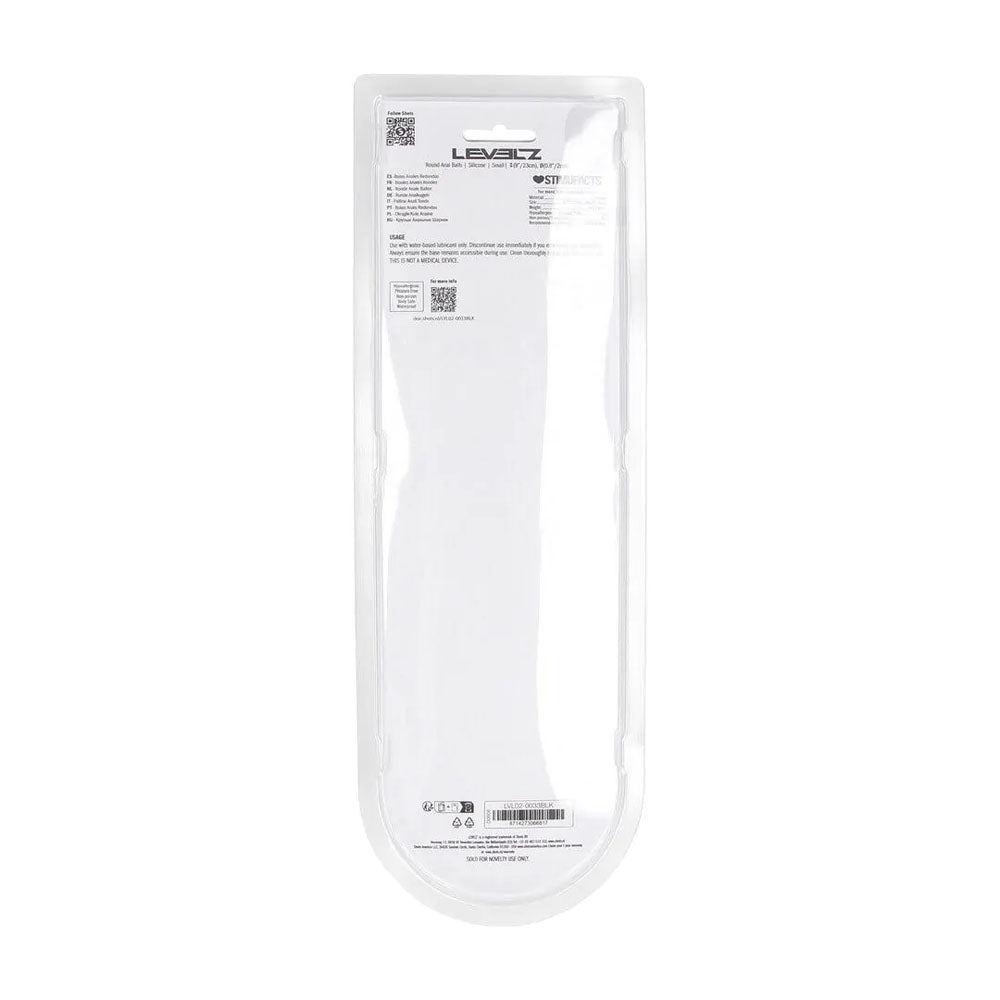 LEVELZ Round Silicone Anal Balls - S - 20mm -  23 cm Small Anal Balls packaging back view with product details.
