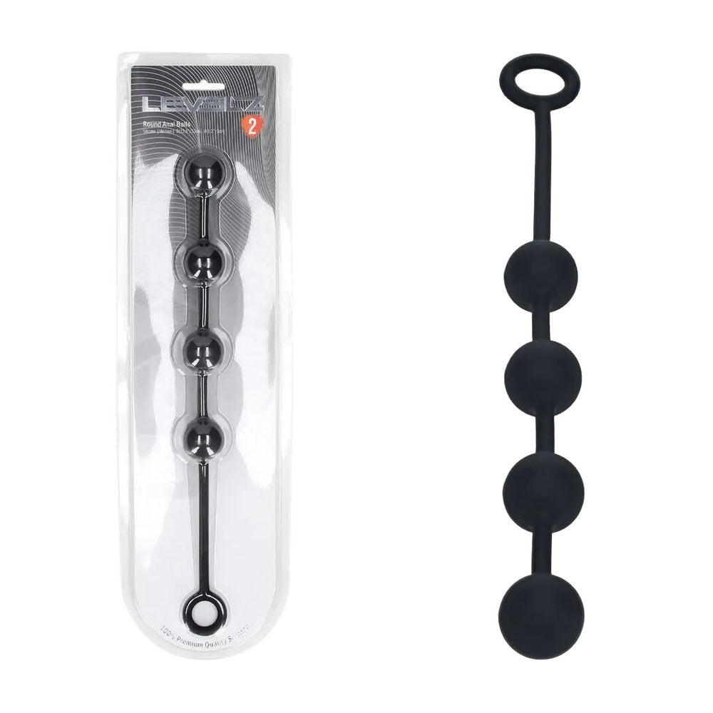 LEVELZ Round Silicone Anal Balls - M - 20mm -  32 cm Medium Anal Balls in black silicone packaging and product view.