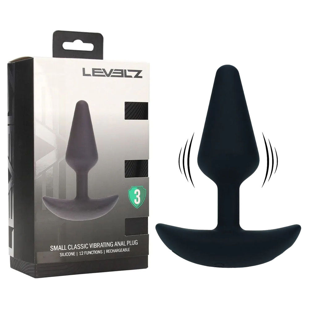 LEVELZ Classic Vibrating Silicone Anal Plug - Small - Small USB Rechargeable Butt Plug packaging and product display.