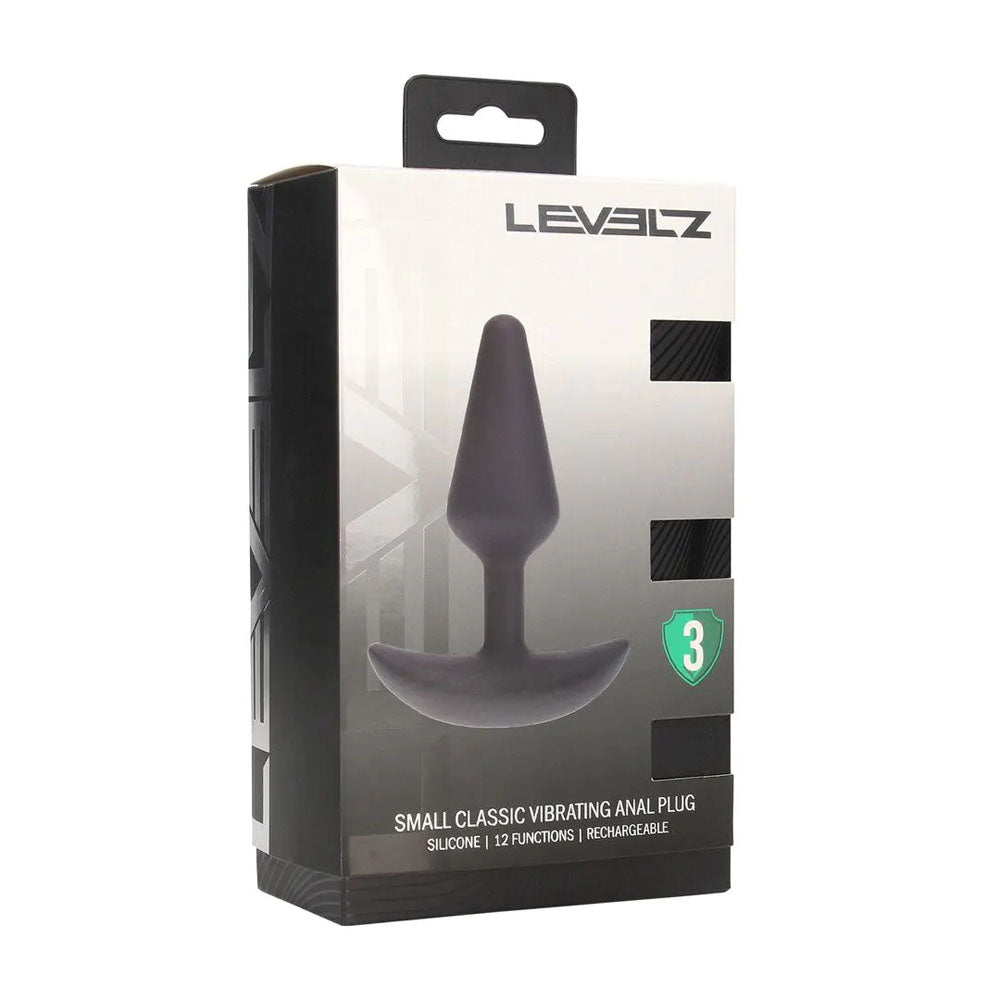 LEVELZ Classic Vibrating Silicone Anal Plug - Small -  Small USB Rechargeable Butt Plug packaging display.