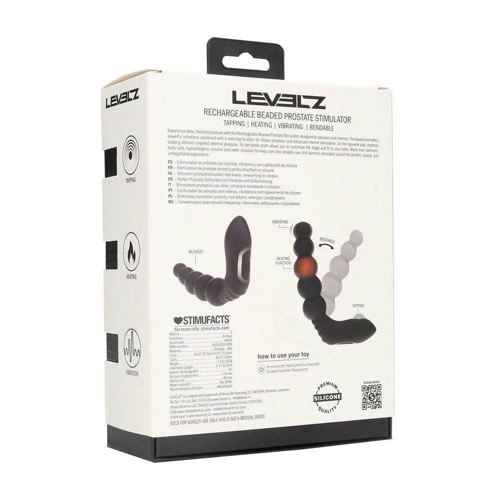 LEVELZ Rechargeable Beaded Prostate Massager -  USB Rechargeable Heating + Vibrating Prostate Massager packaging and design.