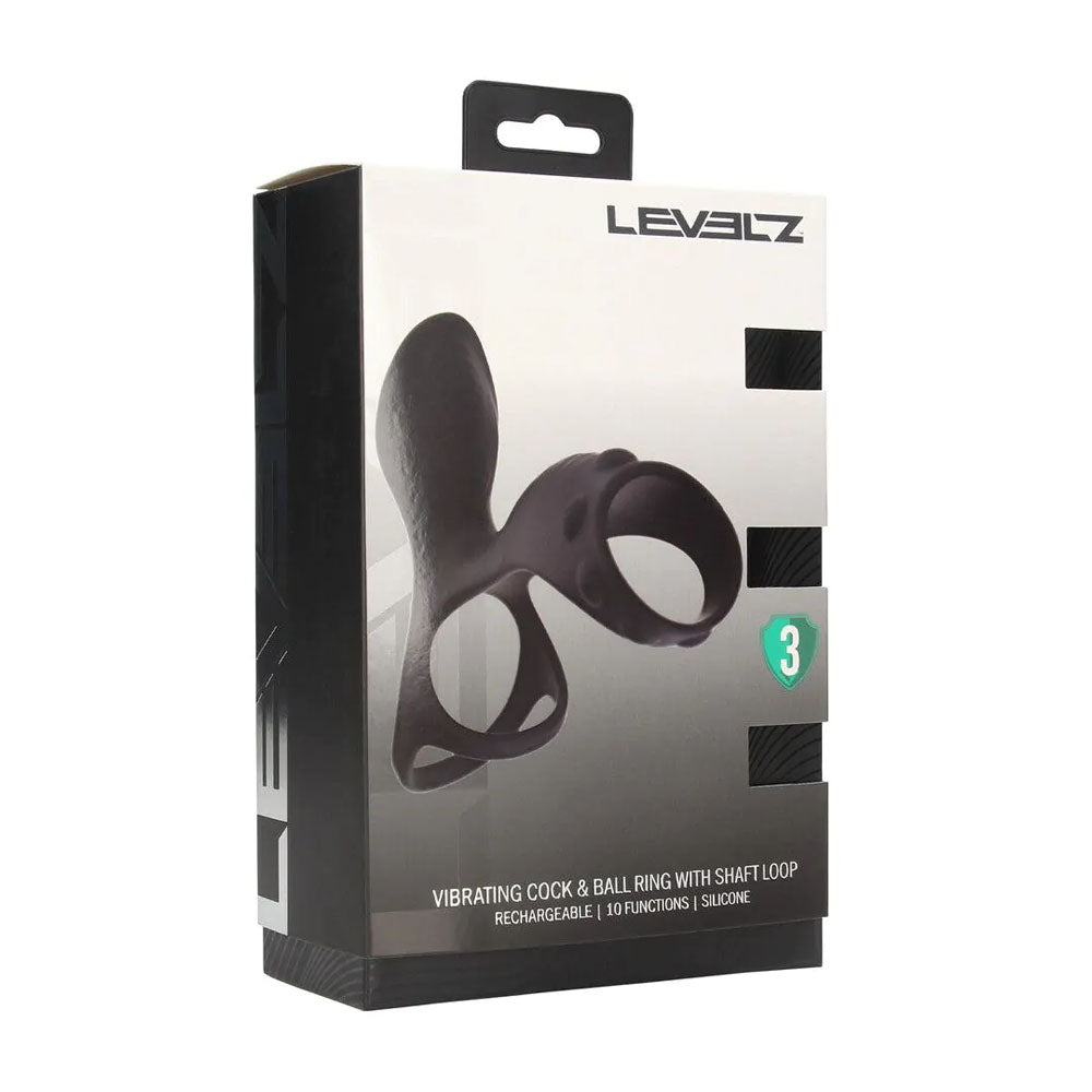 LEVELZ Vibrating Cock & Ball Ring with Shaft Loop - USB Rechargeable Vibrating Cock & Ball Rings packaging.