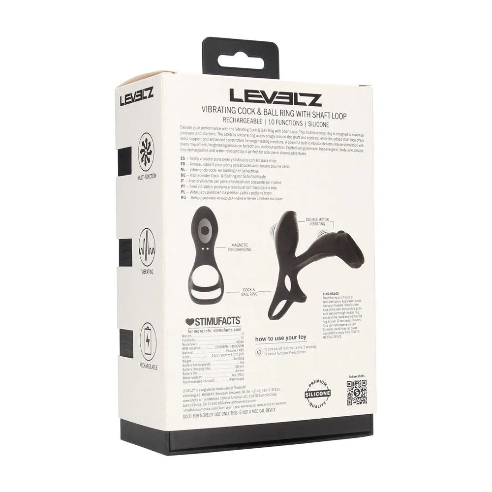 LEVELZ Vibrating Cock & Ball Ring with Shaft Loop - USB Rechargeable Vibrating Cock & Ball Rings packaging with instructions.