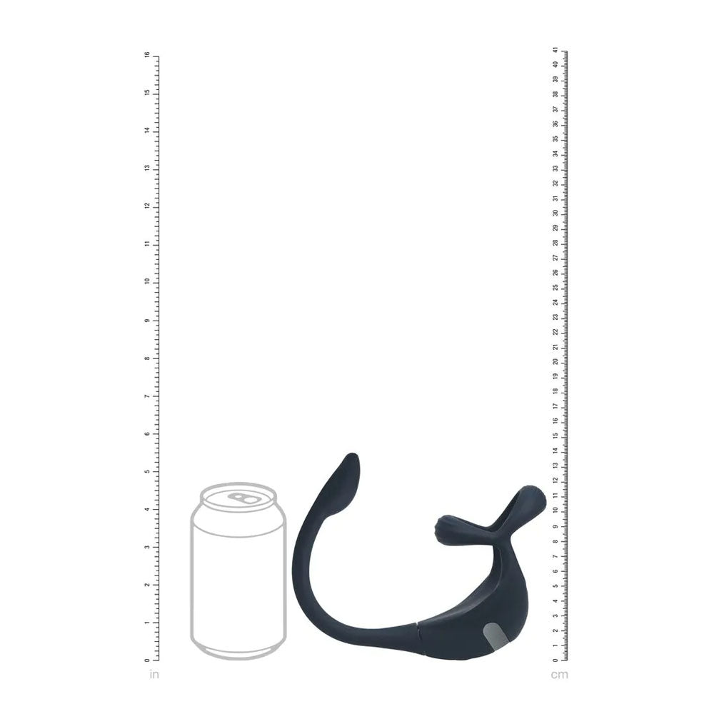 LEVELZ Remote Controlled Vibrating TriO Cock Ring with Prostate Stimulator - USB Rechargeable Vibrating Cock Ring with Anal Plug next to a drink can for size comparison.